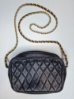 VTG Brooks Brothers Diamond Quilted Small Leather Camera Bag Gold Leather Strap